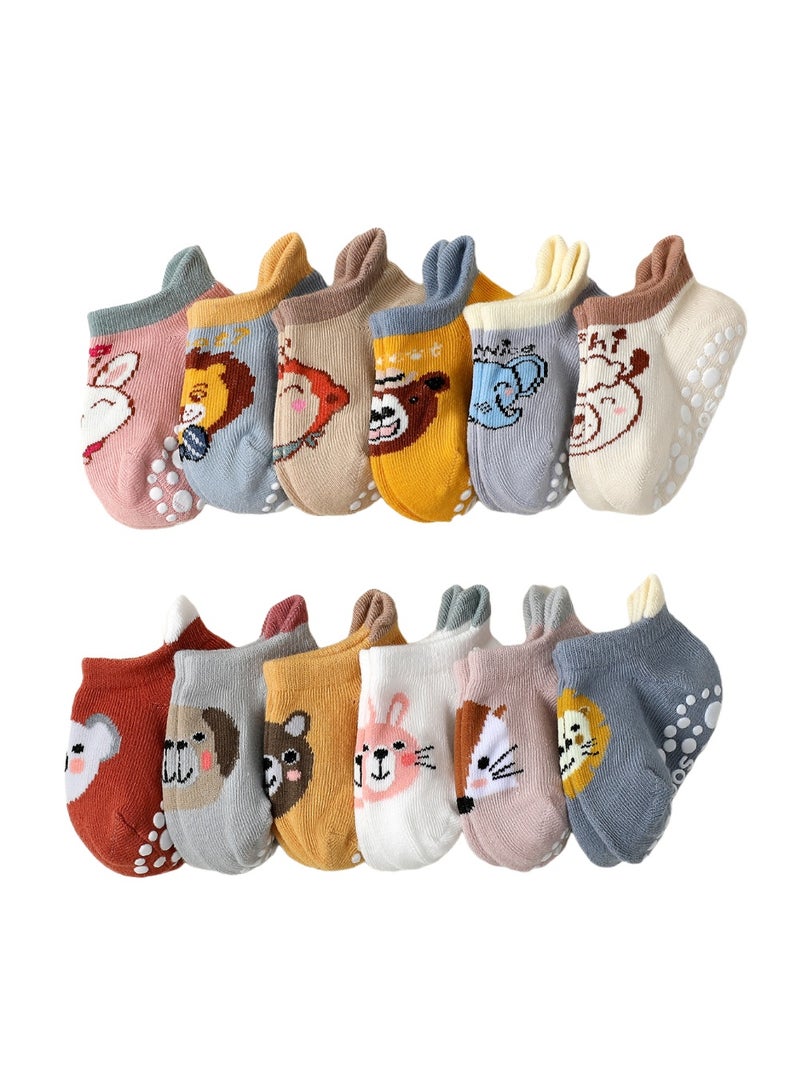 MsAnya 12 Pairs Anti Slip Toddler Ankle Socks with Non Skid Grips for baby Kids Boys Girls，Breathable Low Cut Anti Skid for Kids (animal 1-2 year low cut) - Image 1